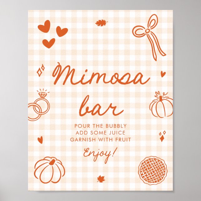 Fall Orange Gingham Hand Drawn Mimosa Bar Sign (Front)