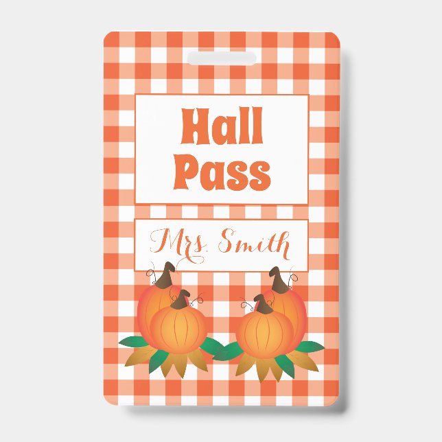 Fall orange Hall Pass with Name ID Badge (Front)