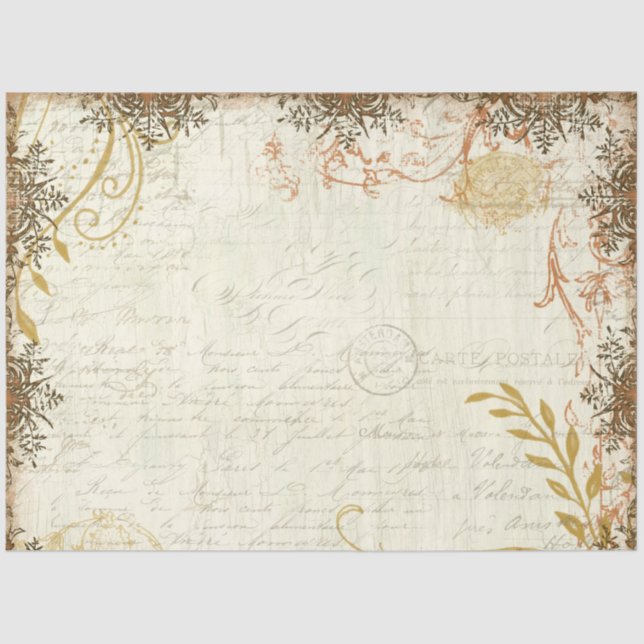 Fall Orange Mustard Ephemera Script Decoupage Art Tissue Paper (Front)