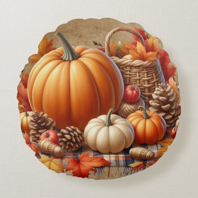 FALL ORANGE PUMPKINS AND BLACK WHITE PLAID PACKAGE ROUND CUSHION (Front)