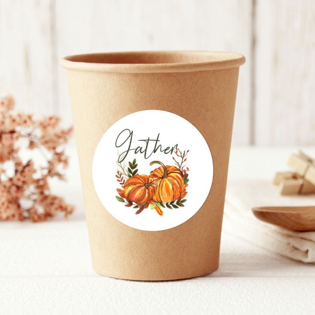 Fall Orange Pumpkins Leaf Gather Thanksgiving Classic Round Sticker (Creator Uploaded)