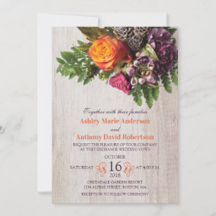 Fall Orange Purple Rose Carnation Bouquet Wedding Invitation