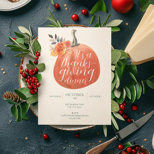 Fall Orange Watercolor Pumpkin Thanksgiving Dinner Invitation
