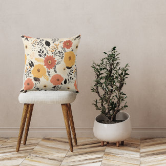 Fall Orange Yellow Flowers Leaves Elegant Cushion