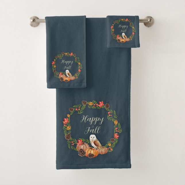 Fall owl and pumpkins with customisable text  bath towel set (Insitu)