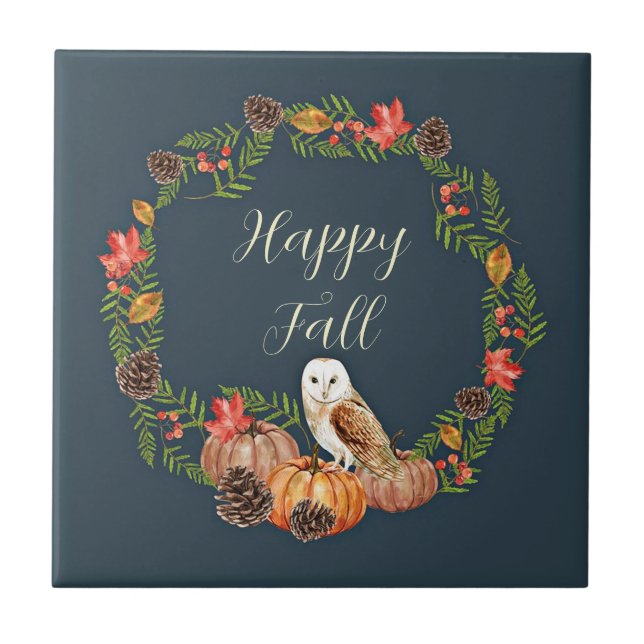 Fall owl and pumpkins with customisable text  ceramic tile (Front)
