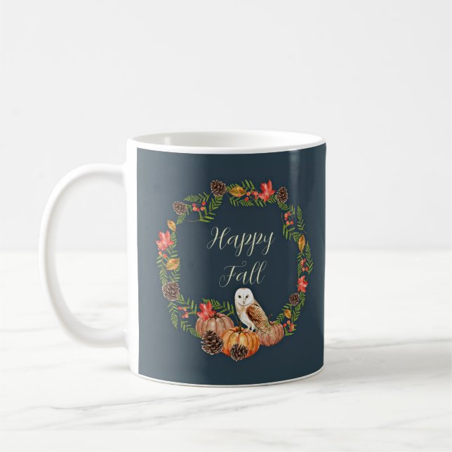 Fall owl and pumpkins with customisable text  coffee mug (Left)
