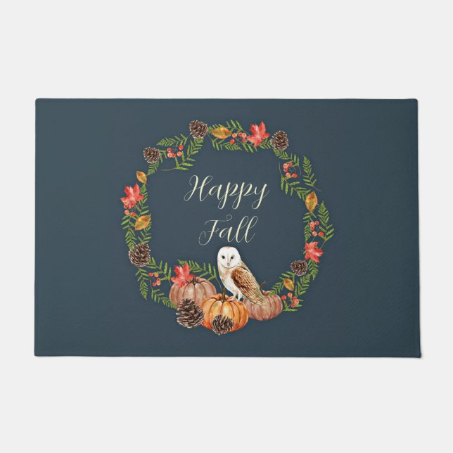 Fall owl and pumpkins with customisable text  doormat (Front)