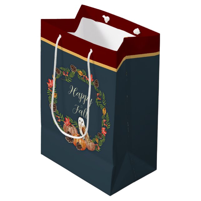 Fall owl and pumpkins with customisable text  medium gift bag (Front Angled)