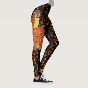 Fall Owl Autumn Leaves Pretty Black Leggings