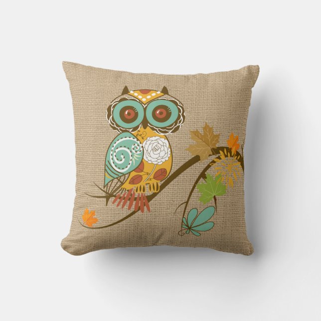Fall Owl on faux Burlap Pillow (Front)