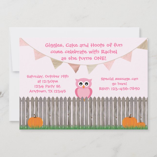 Fall Owl on Fence Pink Birthday Invitation (Front)