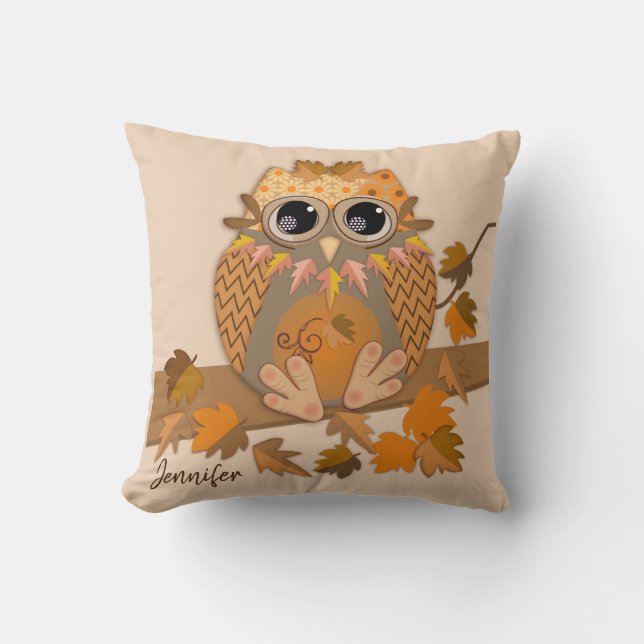 Fall owl with custom name cushion (Front)