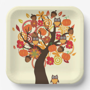 Fall Owls And Pumpkins Paper Plate