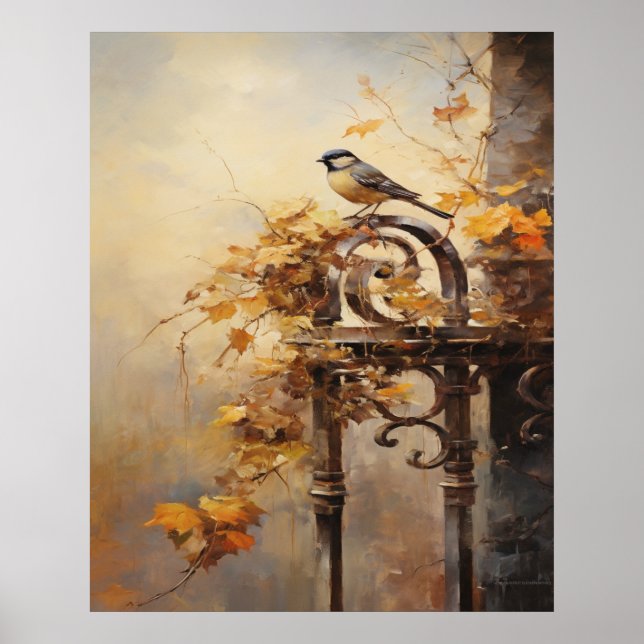 Fall Painting of a Bird on a Fence Poster (Front)