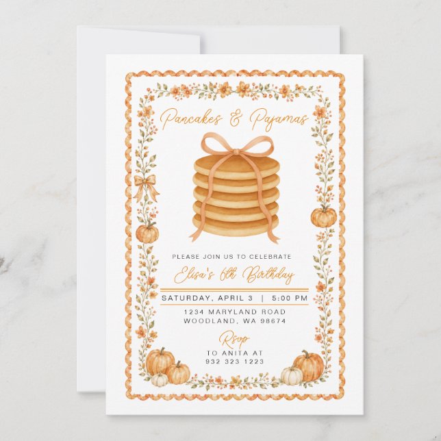 Fall Pancakes & Pyjamas Pumpkin Birthday Party Invitation (Front)