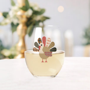 Fall Patchwork QuiltedTurkey Thanksgiving Stemless Wine Glass