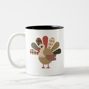 Fall Patchwork QuiltedTurkey Thanksgiving Two-Tone Coffee Mug