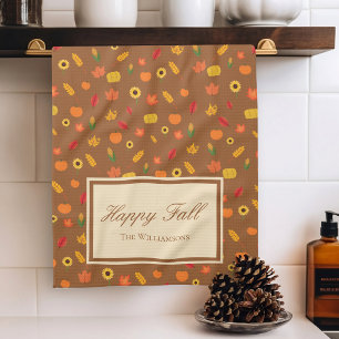 Fall Pattern Family Last Name Brown Tea Towel