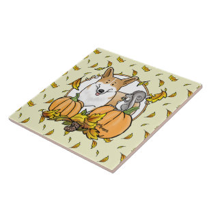 Fall Pembroke Welsh Corgi (red 1) Pumpkins Cute Ceramic Tile
