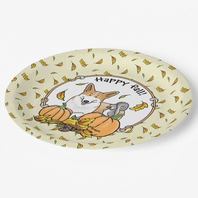 Fall Pembroke Welsh Corgi (red 1) Pumpkins Cute Paper Plate (Angled)
