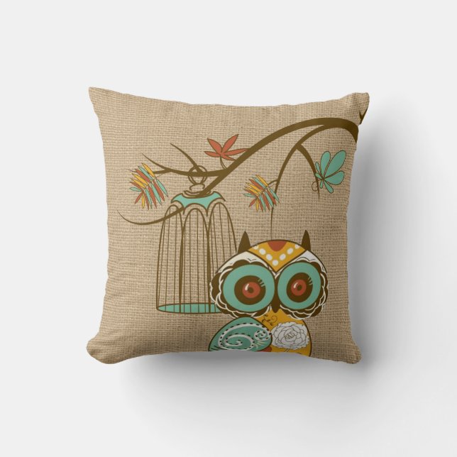 Fall Pillow with Owl and Birdcage (Front)