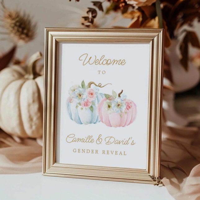 Fall Pink and Blue Pumpkin Gender Reveal Welcome Poster (Fall Gender Reveal Baby Shower Welcome Sign)
