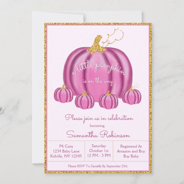 Fall Pink and Gold Pumpkin Girl Baby Shower Invitation (Front)