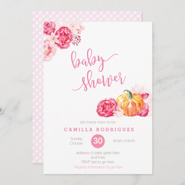 fall pink baby shower invite, script font pumpkins invitation (Front/Back)