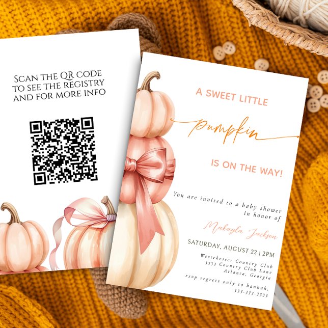 Fall Pink Bow Little Pumpkin Baby Shower QR Code Invitation (Creator Uploaded)