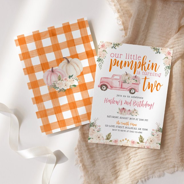 Fall Pink Floral Pumpkins Harvest Truck Birthday Invitation (Creator Uploaded)