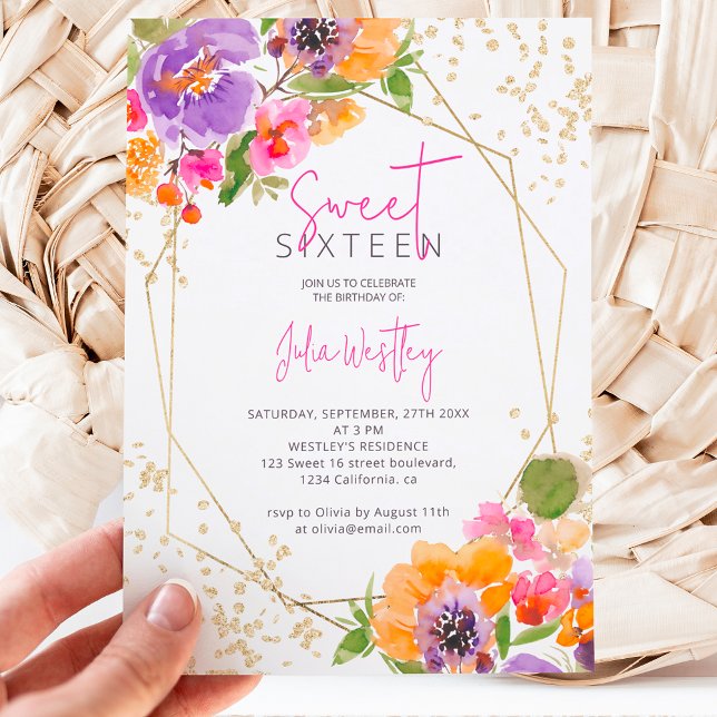 Fall pink gold floral watercolor photo Sweet 16 Invitation (Creator Uploaded)