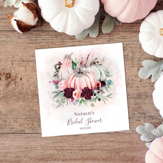 Fall Pink Pumpkin & Burgundy Floral Bridal Shower Napkin (Creator Uploaded)