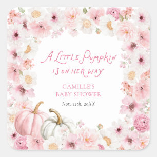 Fall Pink Pumpkin Favor Baby Shower Square Sticker