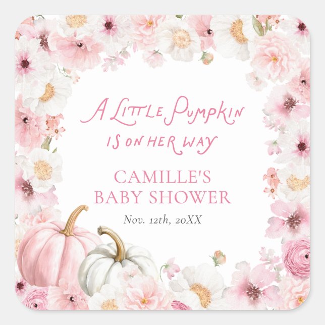 Fall Pink Pumpkin Favour Baby Shower Square Sticker (Front)