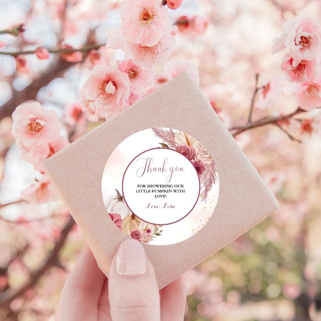 Fall pink Pumpkin  Floral girl Baby shower  Classic Round Sticker (Creator Uploaded)