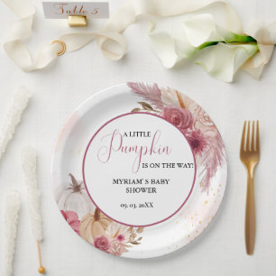 Fall Pink Pumpkin Floral Girl Baby shower Paper Plate