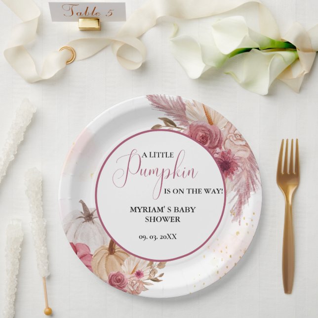 Fall Pink Pumpkin  Floral Girl Baby shower  Paper Plate (Wedding)