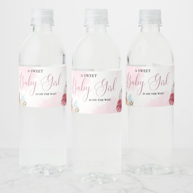 Fall pink Pumpkin  Floral Girl Baby shower  Water Bottle Label (Bottles)