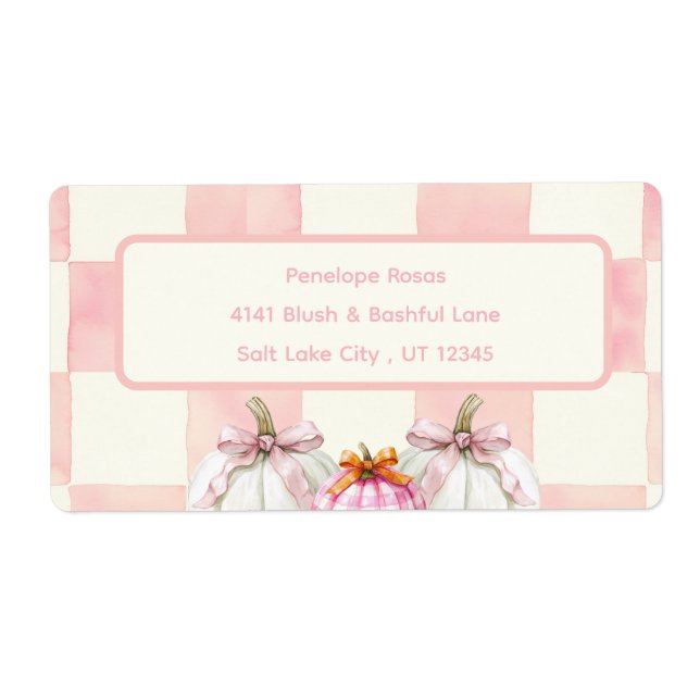 Fall Pink Pumpkin Gingham Girl Baby Shower Address (Front)