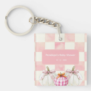 Fall Pink Pumpkin Gingham Girl Baby Shower Key Ring