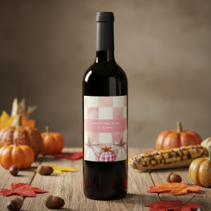 Fall Pink Pumpkin Gingham Girl Baby Shower Wine Label