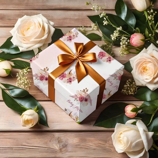 Fall pink Pumpkin Pampas Grass girl Baby Shower Wrapping Paper (Creator Uploaded)