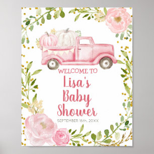 Fall Pink Pumpkin Truck Baby Shower Welcome Sign