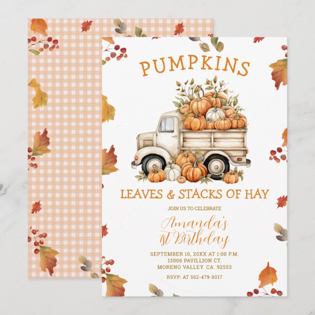 Fall Pink Pumpkin Truck Girl Birthday Autumn Flora Invitation (Front/Back)