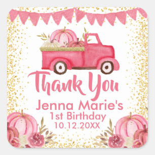 FALL PINK TRUCK PUMPKIN 1ST BIRTHDAY SQUARE STICKER