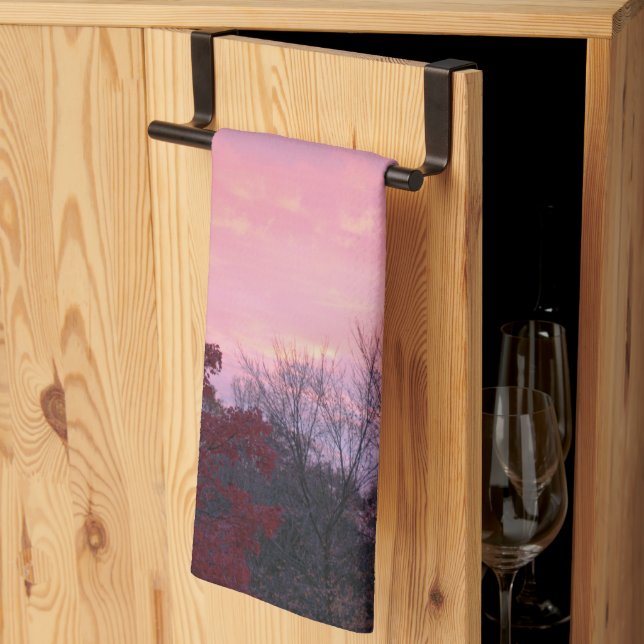 Fall Pink Yellow Sunset Over Trees  Tea Towel (Thirds Fold)