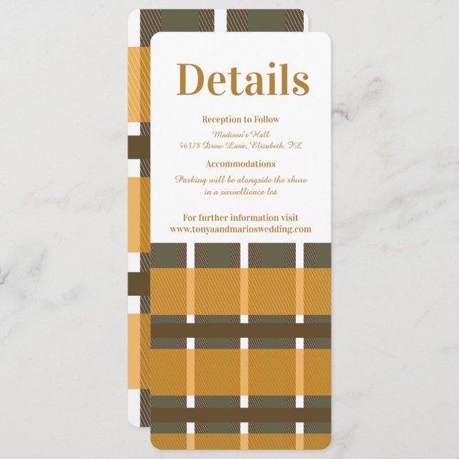 Fall Plaid Flannel Mustard Wedding Details Invitation (Front/Back)