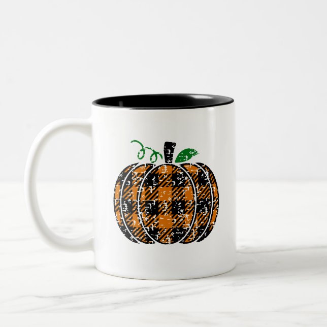 Fall Plaid Pumpkin Two-Tone Coffee Mug (Left)