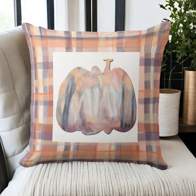 Fall plaid watercolor pumpkin orange purple cream  cushion (Creator Uploaded)